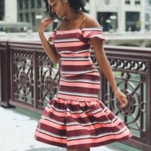 ASOS Pink, Dark Mauve, White & Grey Striped Ruffle Dress